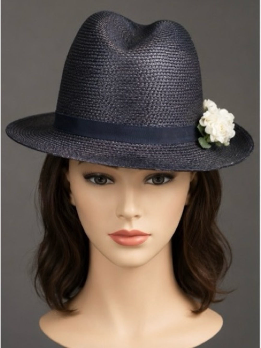 Ladies Navy Straw Fedora with Ribbon and Floral Accent